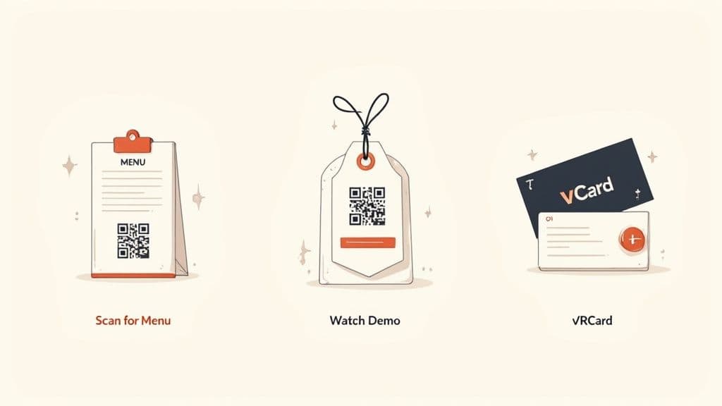 Three illustrations show uses for QR codes: scanning a menu, watching a demo, and a vCard.