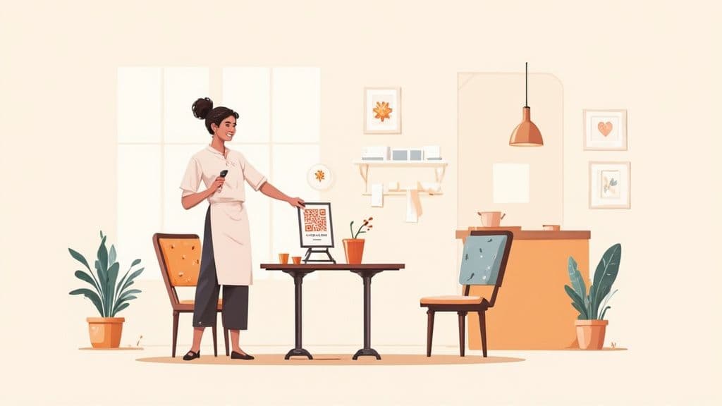 A smiling woman in a restaurant points to a QR code menu on a table.