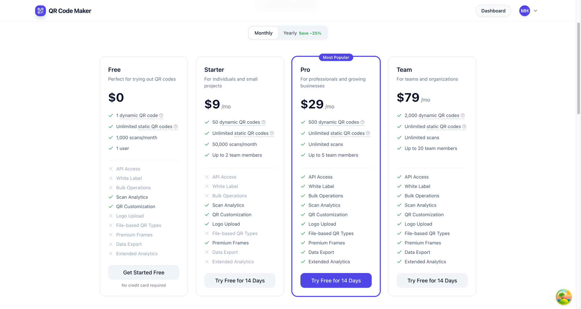 QR Code Maker transparent pricing page showing Free, Starter, Pro, and Team plans with clear monthly and annual options