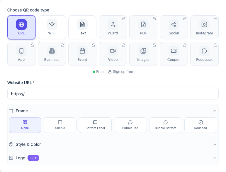 QR Code Maker free generator showing QR type selection, URL input, frame options, and customization features
