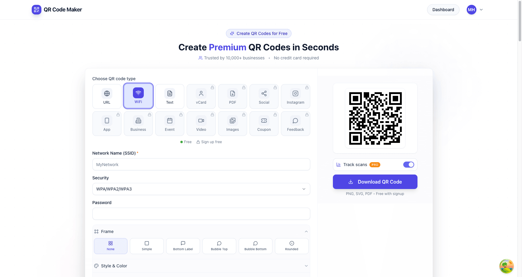 WiFi QR code generator form showing network name, security type, and password fields