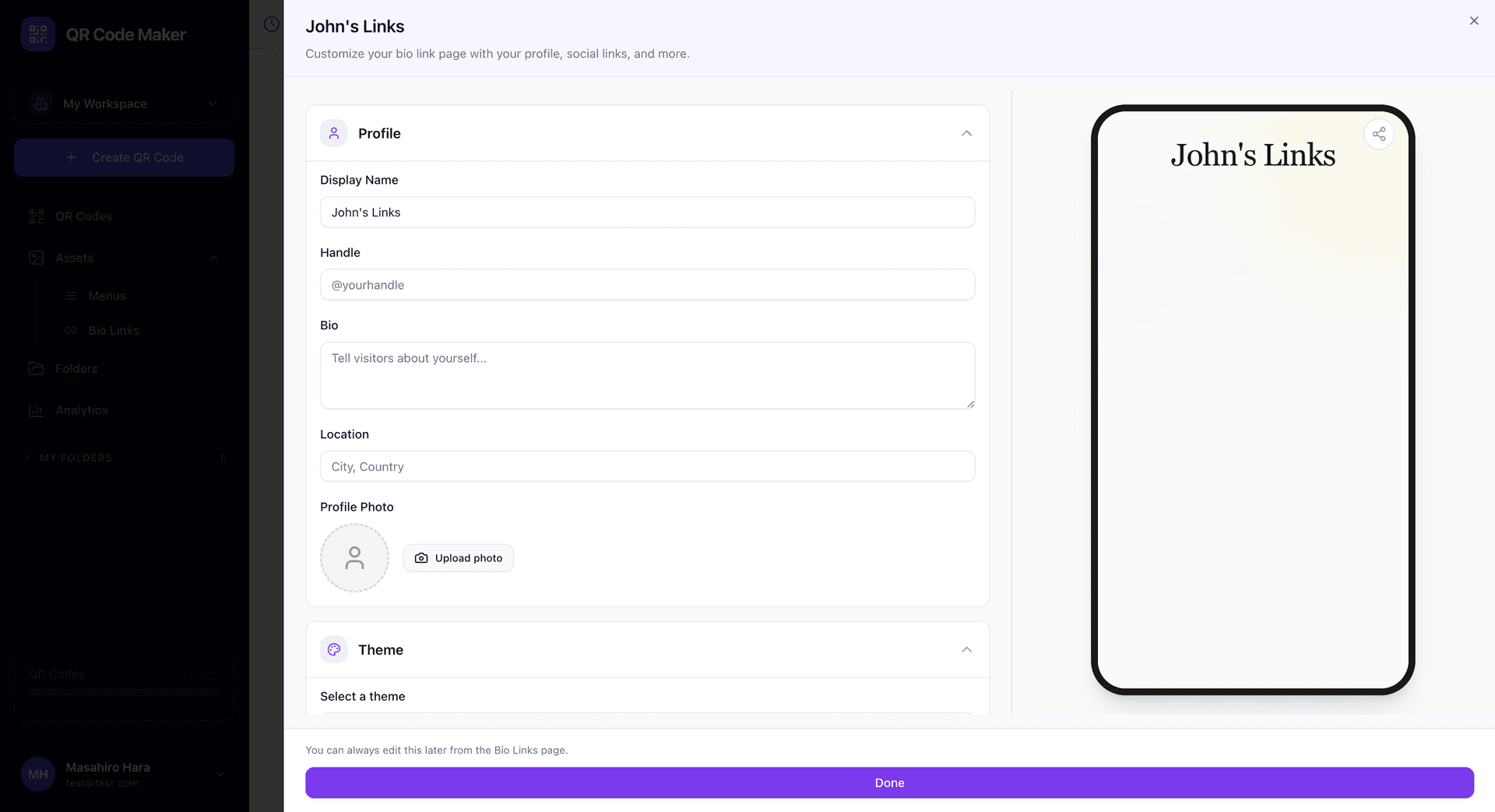 Editor de Link Bio mostrando campos de perfil, configuração de links de redes sociais, seção de links personalizados e opções de seleção de tema