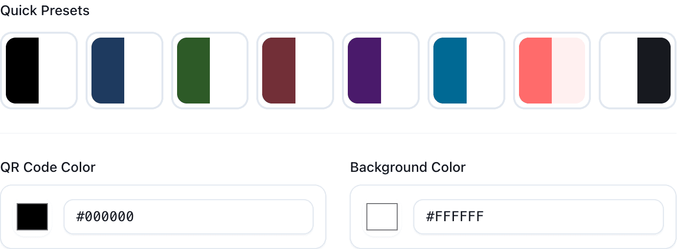 Selettore colore che mostra colori preimpostati e input Colore Codice QR e Colore Sfondo