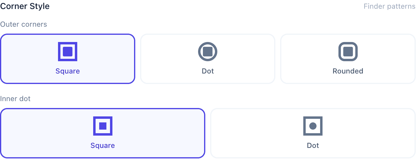 Corner style options: outer corners (Square, Dot, Rounded) and inner dot (Square, Dot)