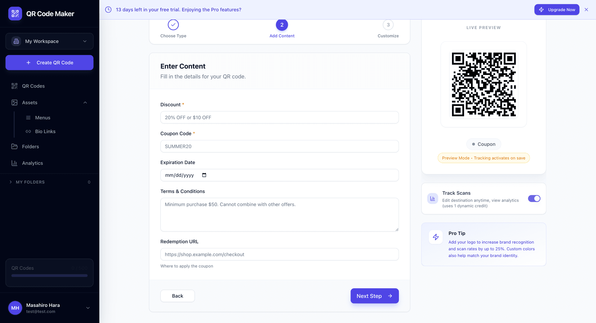Formulario de creación de código QR de Cupón mostrando campos para título de oferta, descripción de descuento, código de cupón, fecha de vencimiento y términos y condiciones