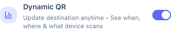 Dynamic QR toggle showing update destination anytime and tracking features