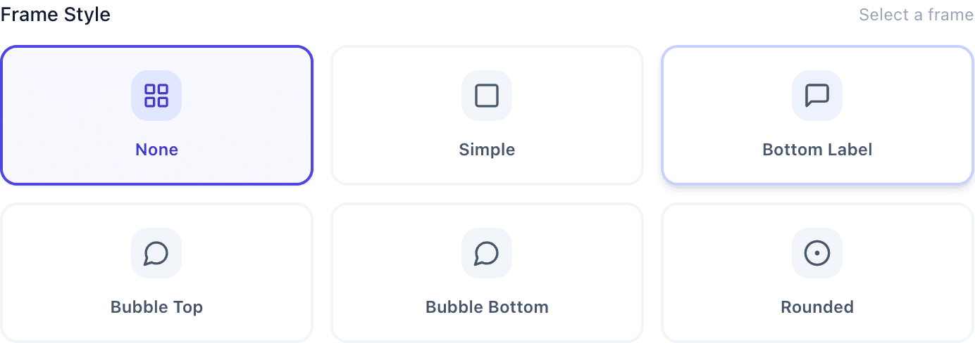 Frame style options: None, Simple, Bottom Label, Bubble Top, Bubble Bottom, and Rounded