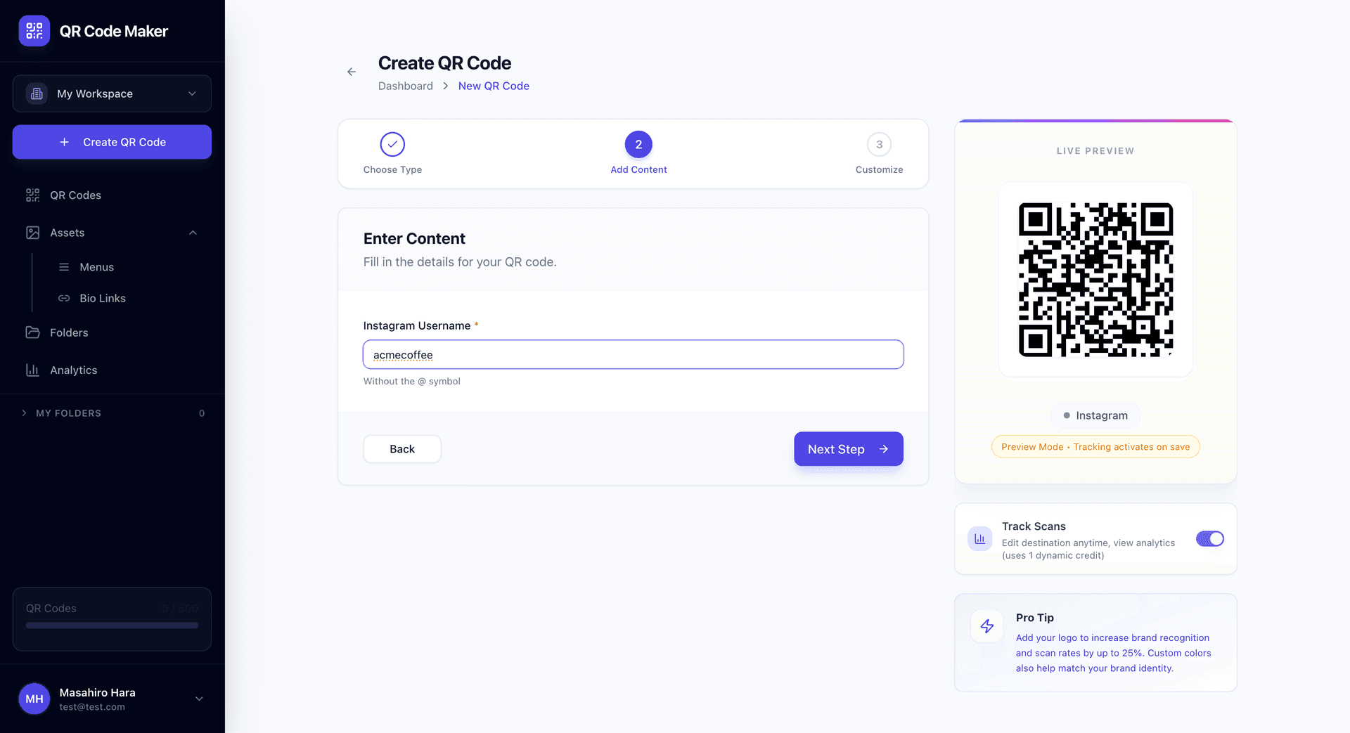 Modulo creazione codice QR Instagram con campo input username e testo aiuto che indica che il simbolo @ non è necessario