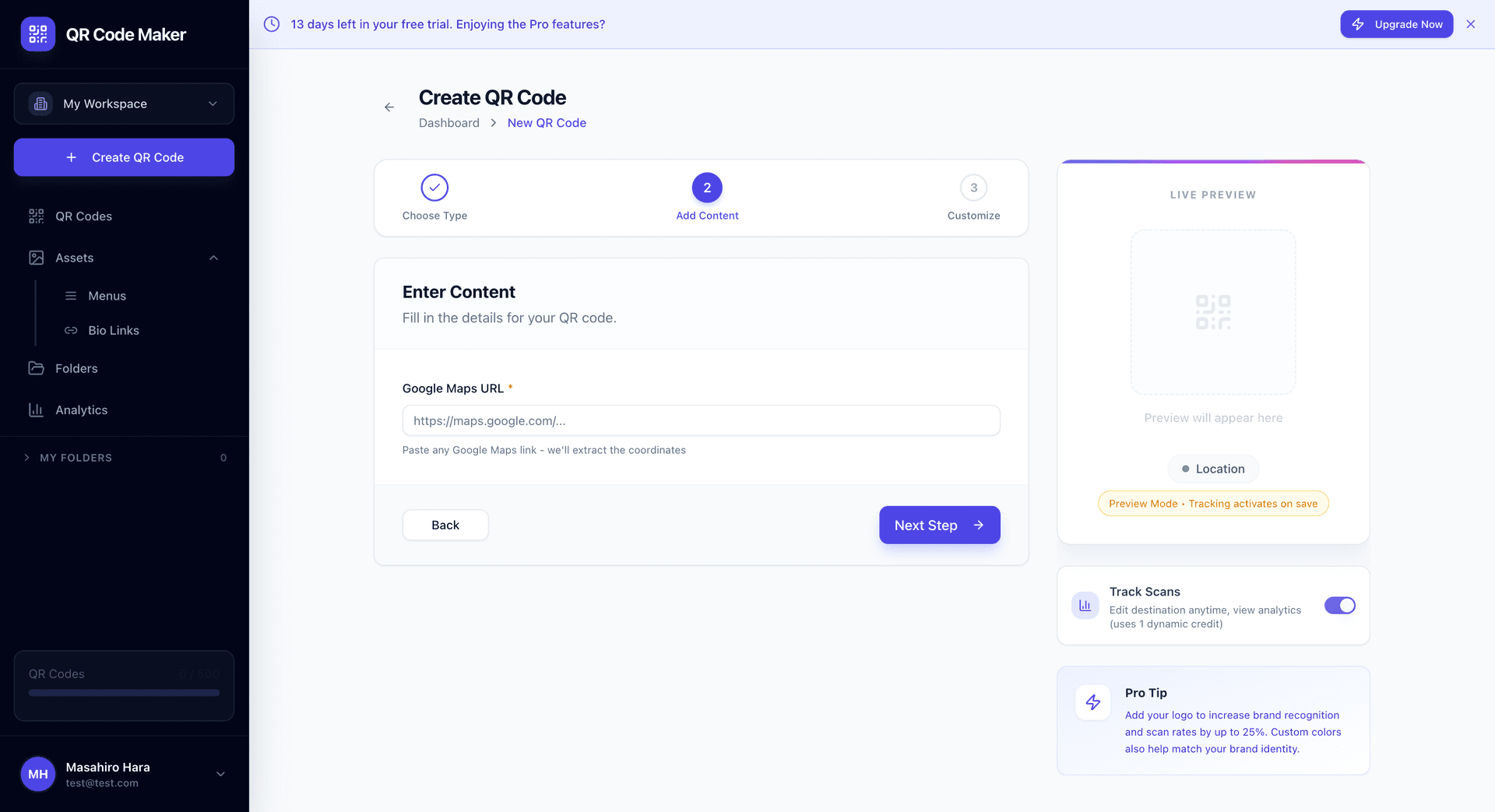 Standort-QR-Code-Erstellungsformular mit einem Google Maps-URL-Eingabefeld und Hilfetext, der die Koordinatenextraktion erklärt