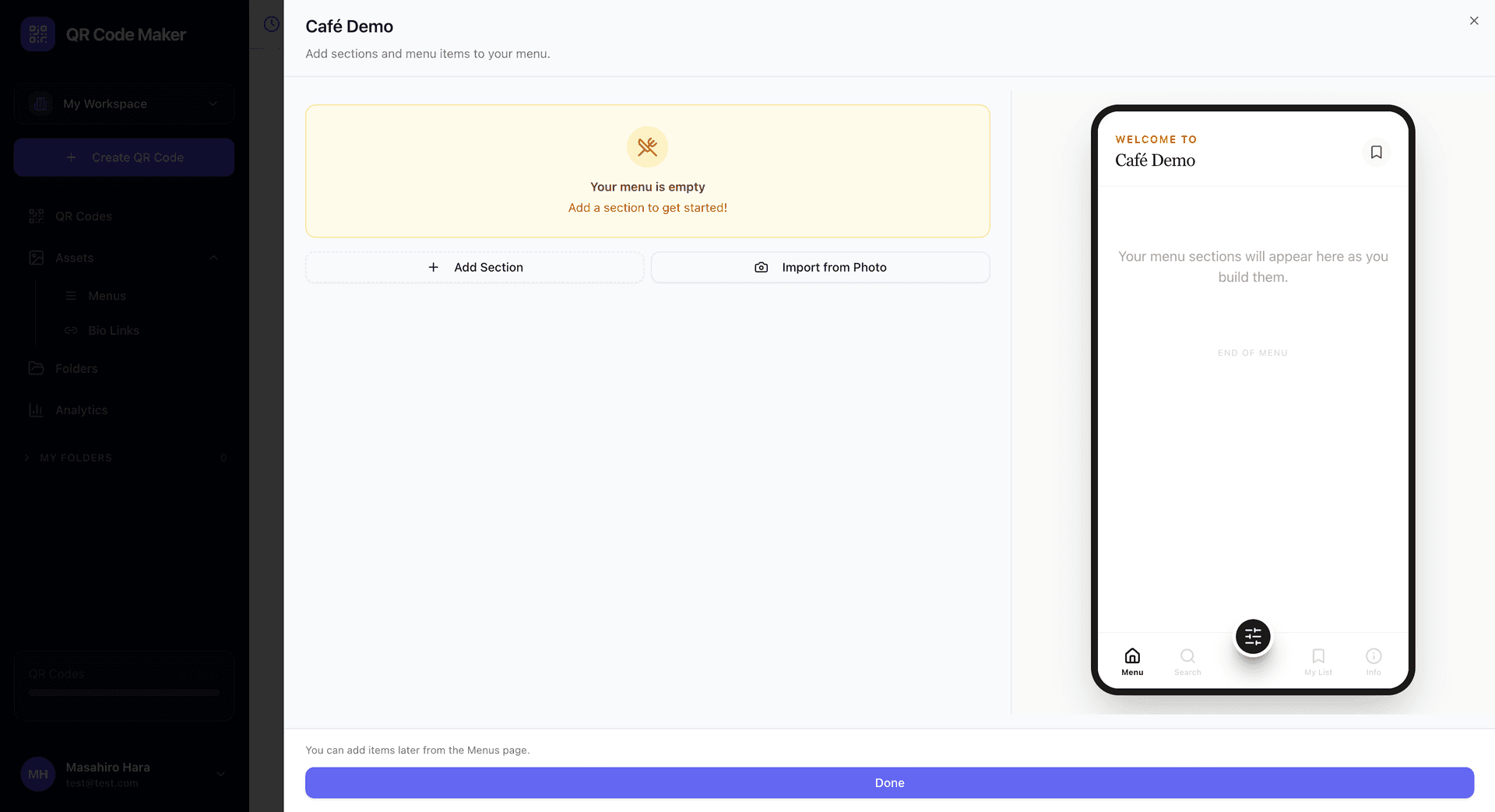 Restaurant menu builder interface showing menu categories, item editor with name, description, and price fields, and live preview of the digital menu