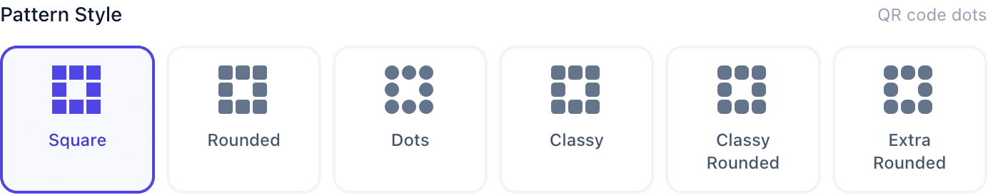 Pattern style options: Square, Rounded, Dots, Classy, Classy Rounded, and Extra Rounded
