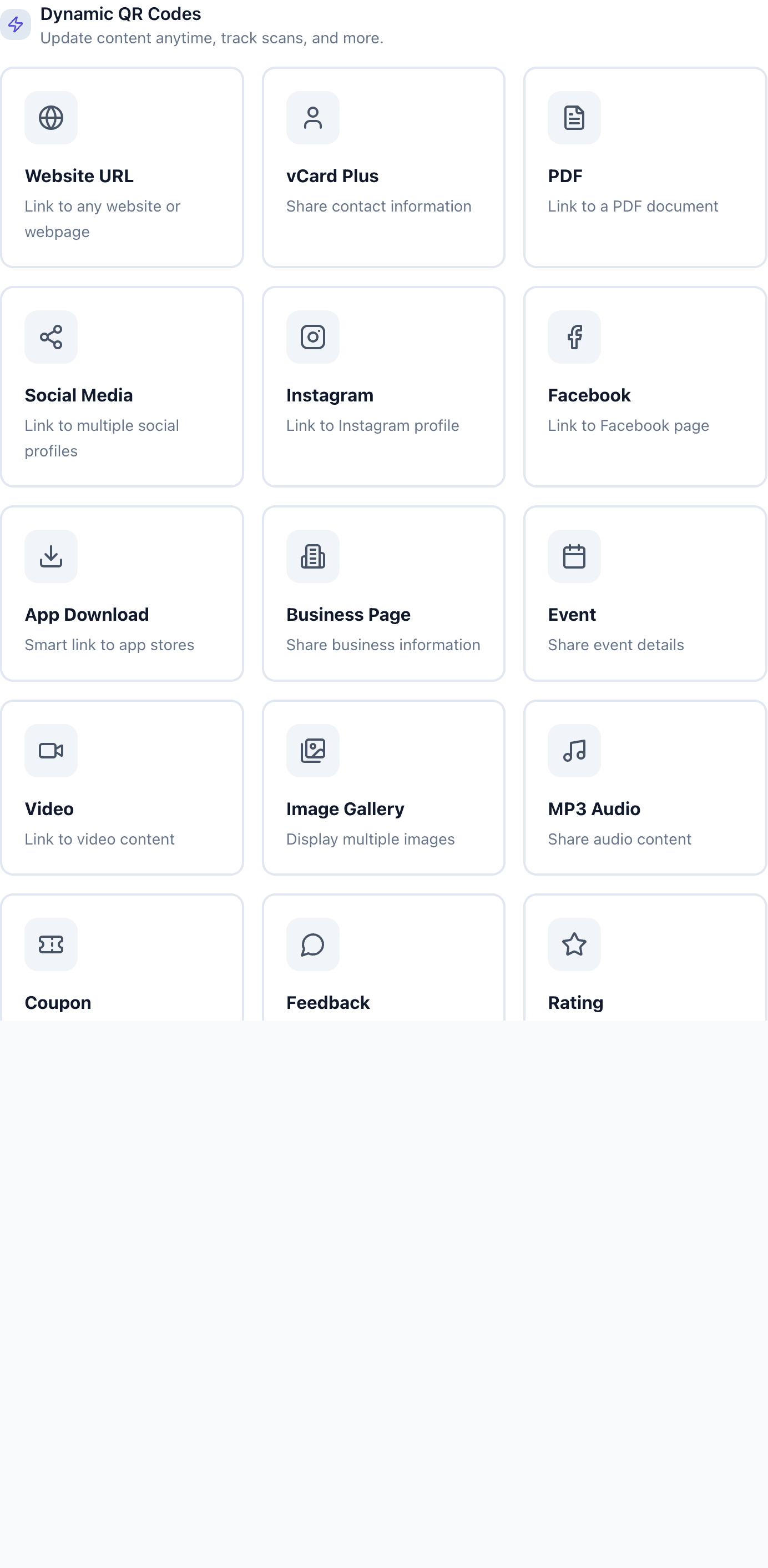 Selettore tipo codice QR che mostra URL Sito Web, vCard Plus, PDF e altre opzioni