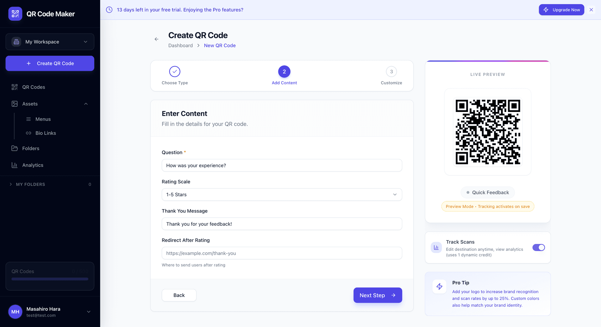 Quick Feedback QR code creation form showing question customization field, rating scale selector with star, numeric, and emoji options, thank you message field, and optional redirect URL