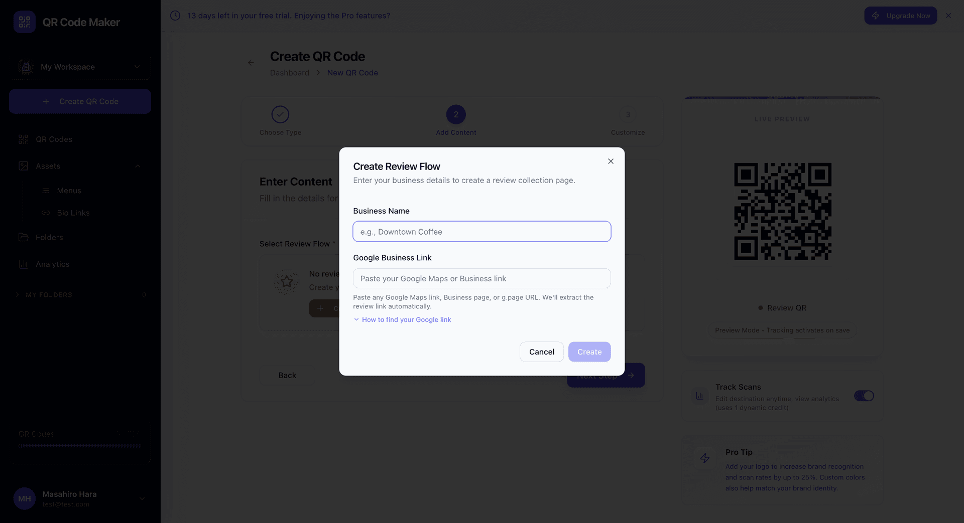 Configuration de QR Avis montrant le champ d'ID de lieu Google, les paramètres de seuil pour router les commentaires positifs vs négatifs, et la personnalisation du nom d'entreprise